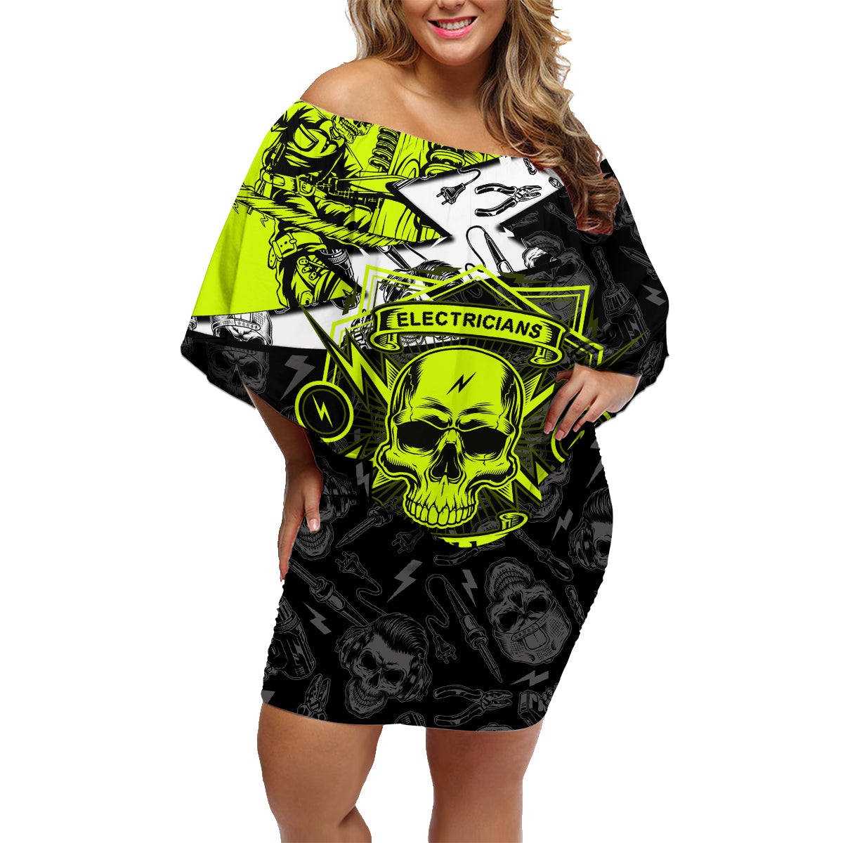 Personalised Electricians Skull Family Matching Off Shoulder Short Dress and Hawaiian Shirt - Wonder Print Shop