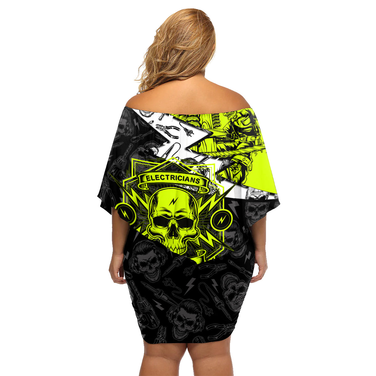 Personalised Electricians Skull Family Matching Off Shoulder Short Dress and Hawaiian Shirt - Wonder Print Shop