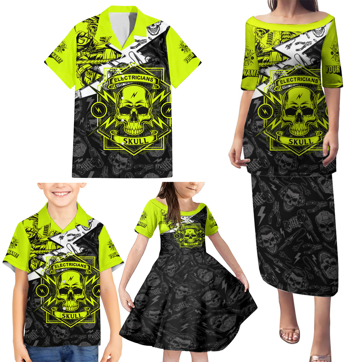 Personalised Electricians Skull Family Matching Puletasi Dress and Hawaiian Shirt - Wonder Print Shop