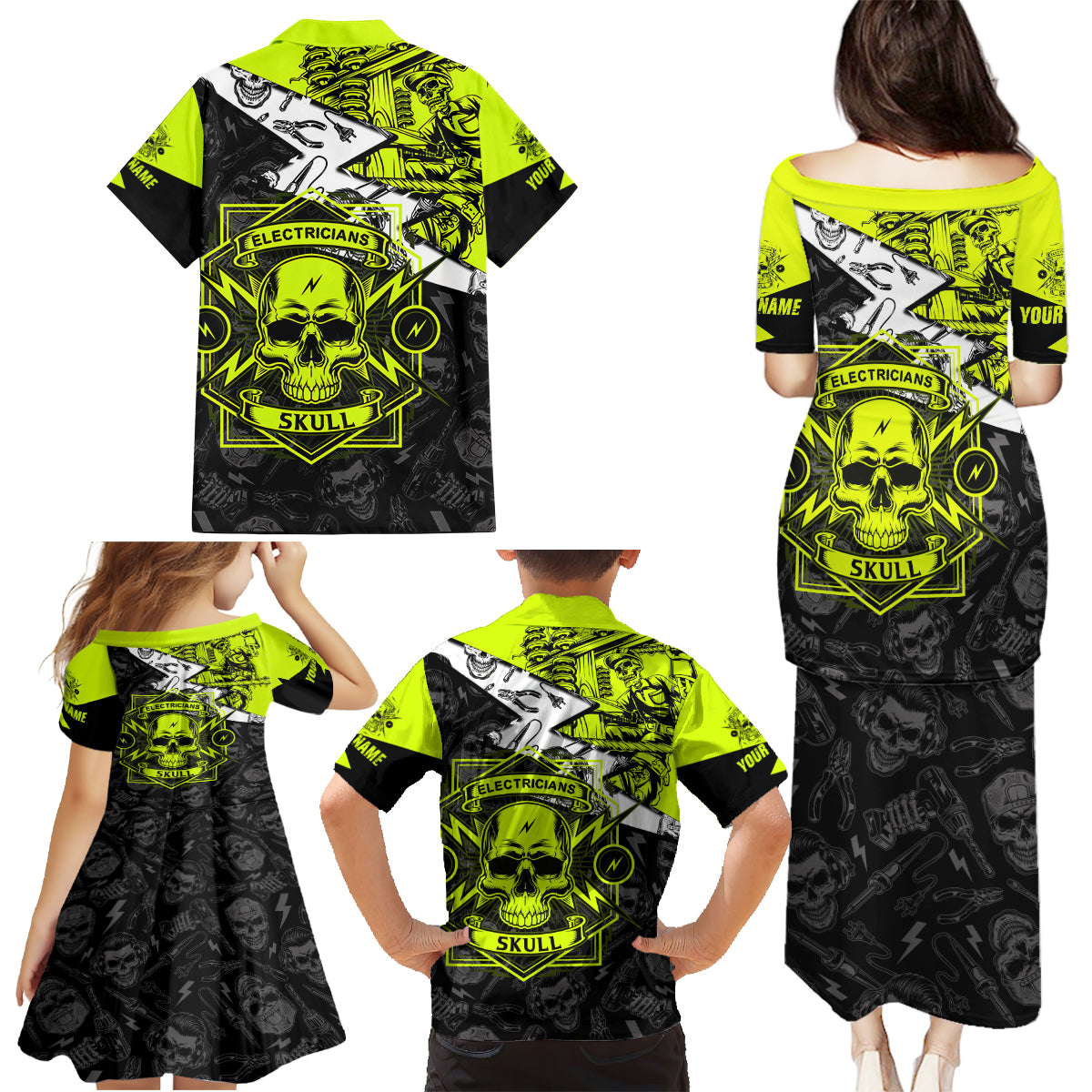 Personalised Electricians Skull Family Matching Puletasi Dress and Hawaiian Shirt - Wonder Print Shop