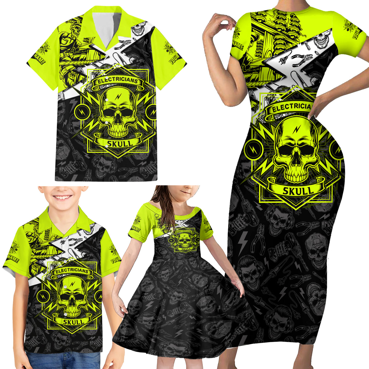 Personalised Electricians Skull Family Matching Short Sleeve Bodycon Dress and Hawaiian Shirt - Wonder Print Shop