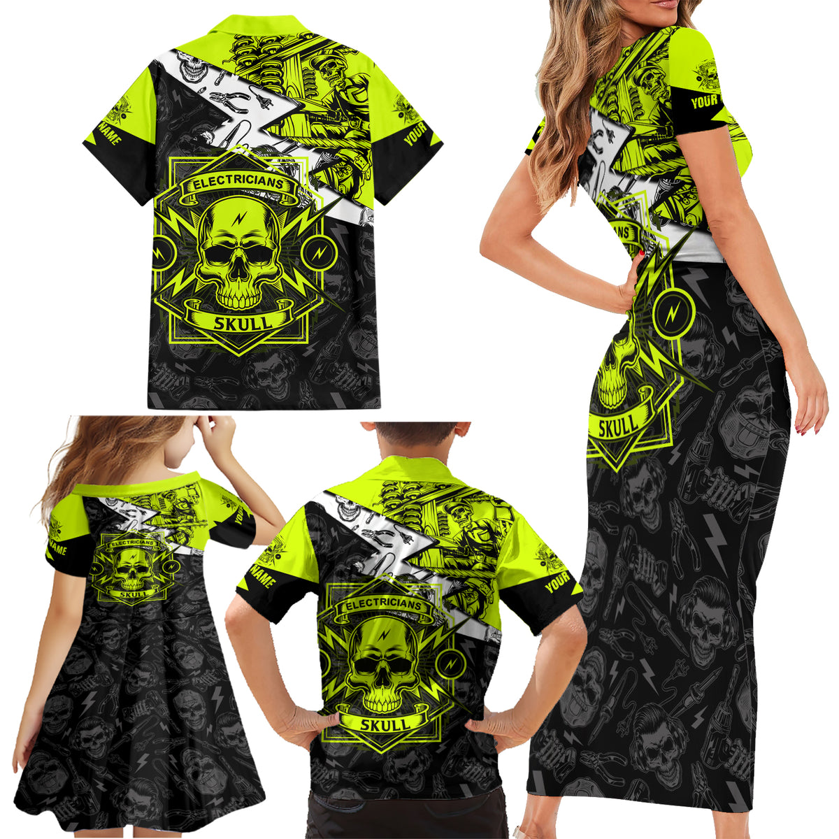Personalised Electricians Skull Family Matching Short Sleeve Bodycon Dress and Hawaiian Shirt - Wonder Print Shop