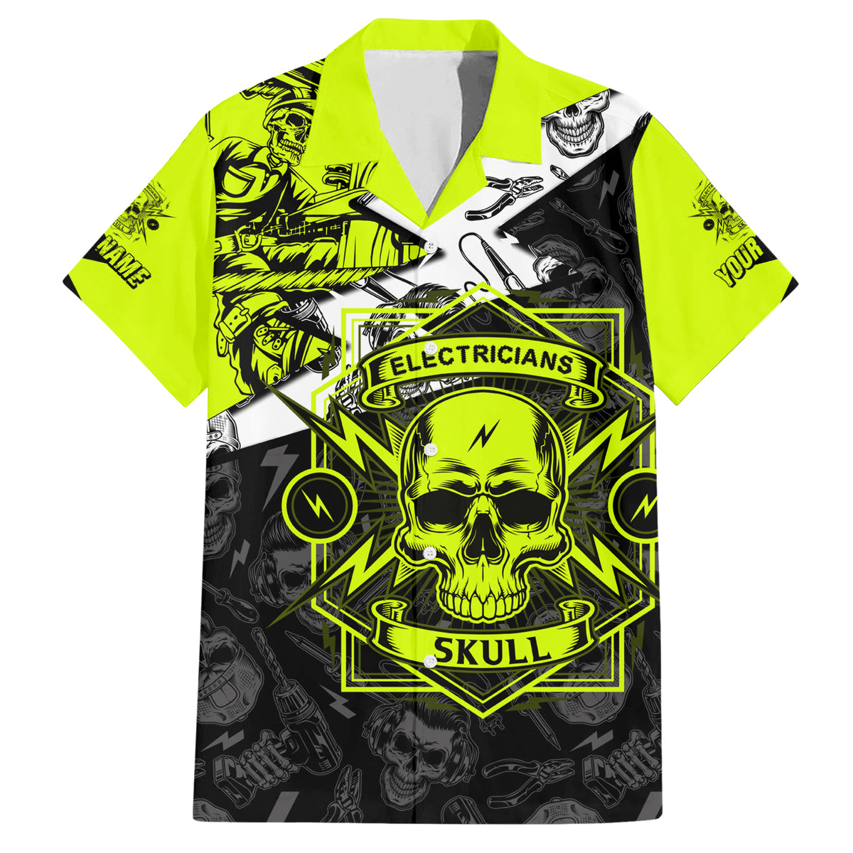 Personalised Electricians Skull Family Matching Short Sleeve Bodycon Dress and Hawaiian Shirt - Wonder Print Shop