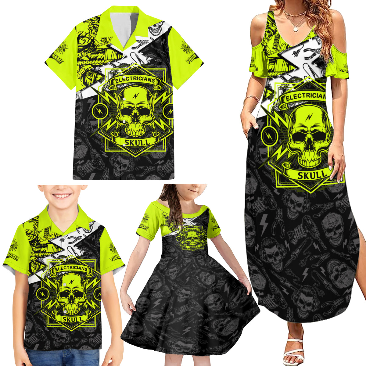 Personalised Electricians Skull Family Matching Summer Maxi Dress and Hawaiian Shirt - Wonder Print Shop