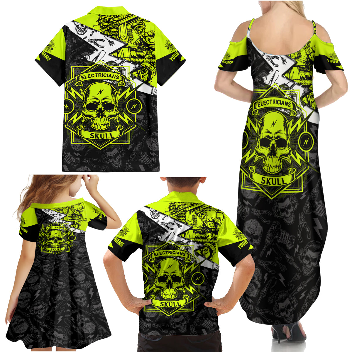 Personalised Electricians Skull Family Matching Summer Maxi Dress and Hawaiian Shirt - Wonder Print Shop