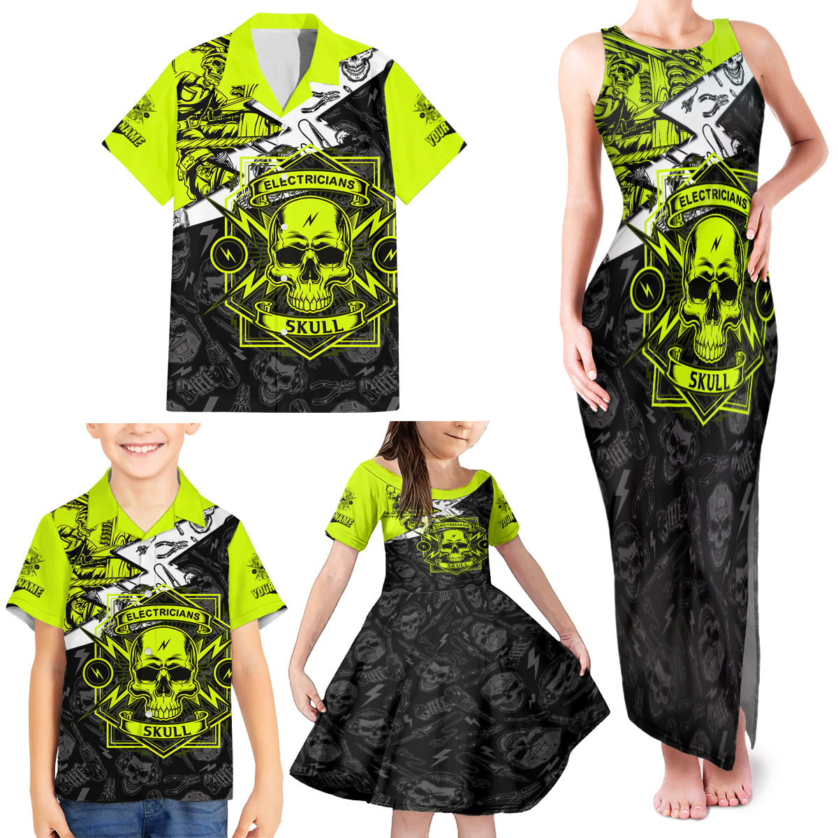Personalised Electricians Skull Family Matching Tank Maxi Dress and Hawaiian Shirt - Wonder Print Shop
