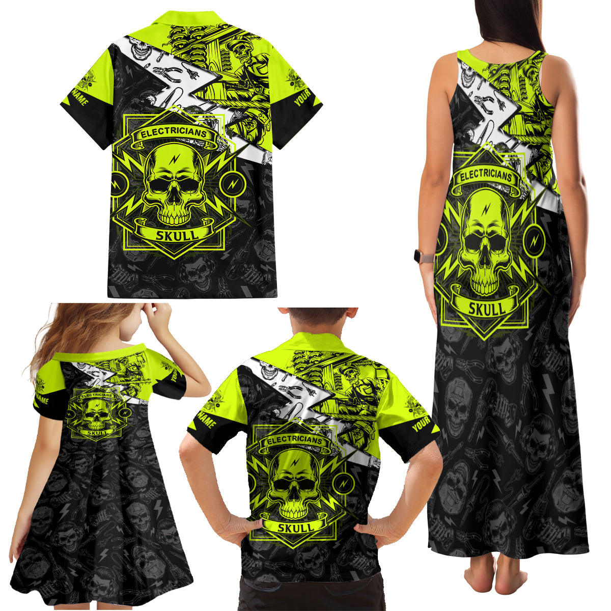 Personalised Electricians Skull Family Matching Tank Maxi Dress and Hawaiian Shirt - Wonder Print Shop