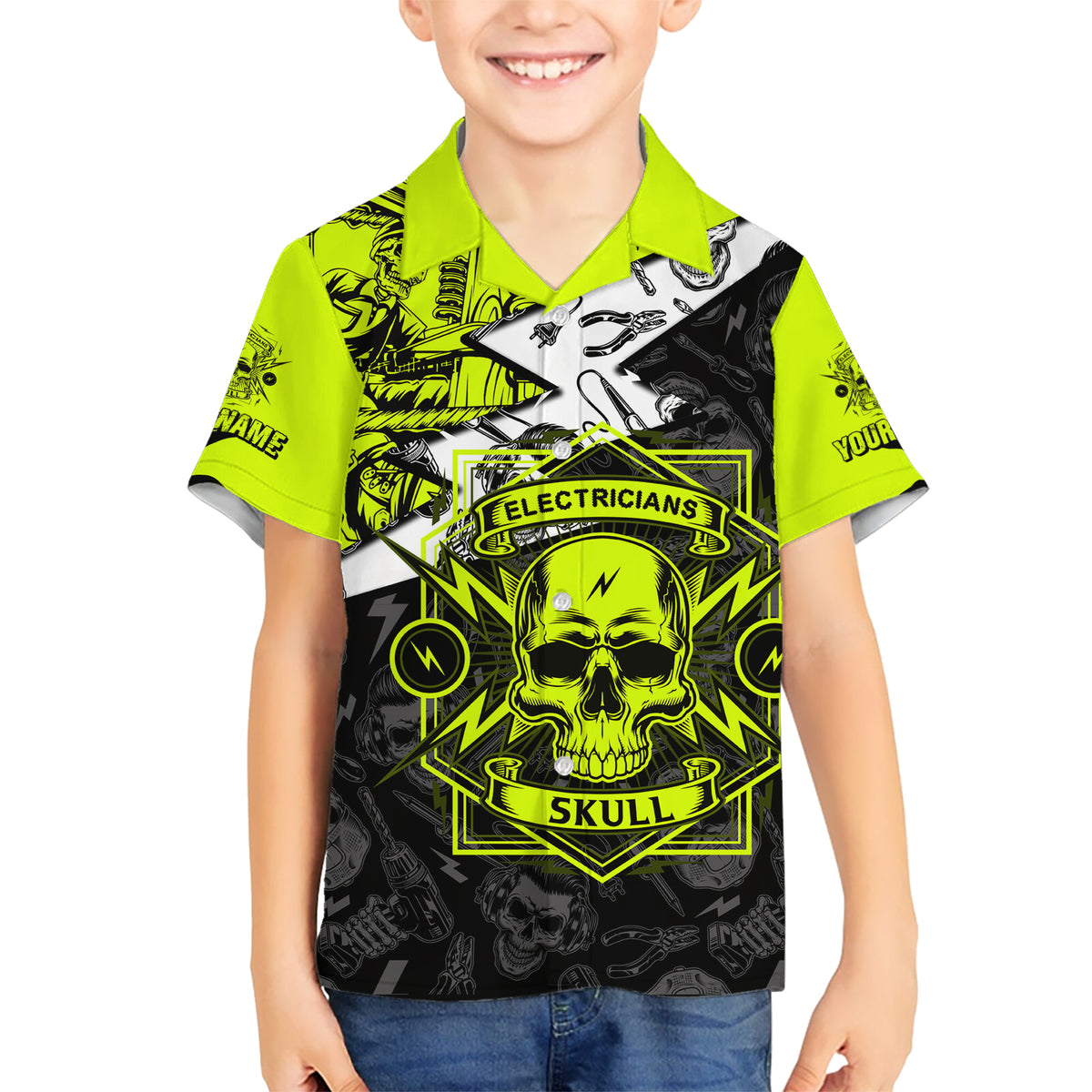 Personalised Electricians Skull Kid Hawaiian Shirt - Wonder Print Shop