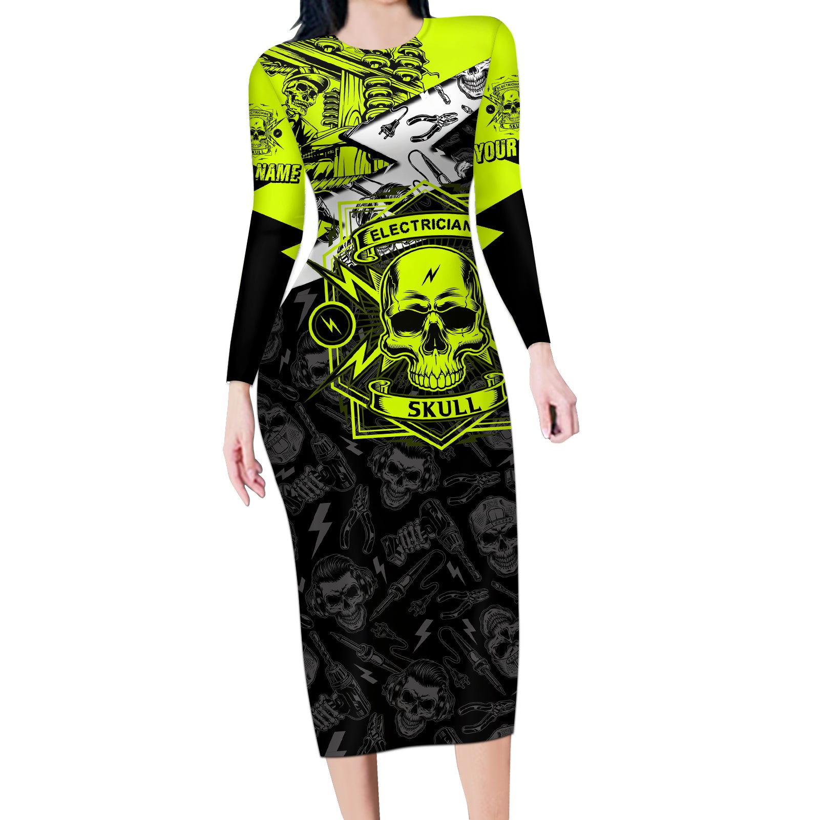 Personalised Electricians Skull Long Sleeve Bodycon Dress - Wonder Print Shop
