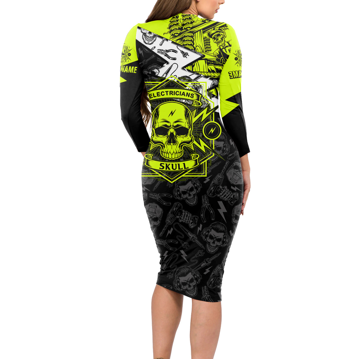 Personalised Electricians Skull Long Sleeve Bodycon Dress - Wonder Print Shop