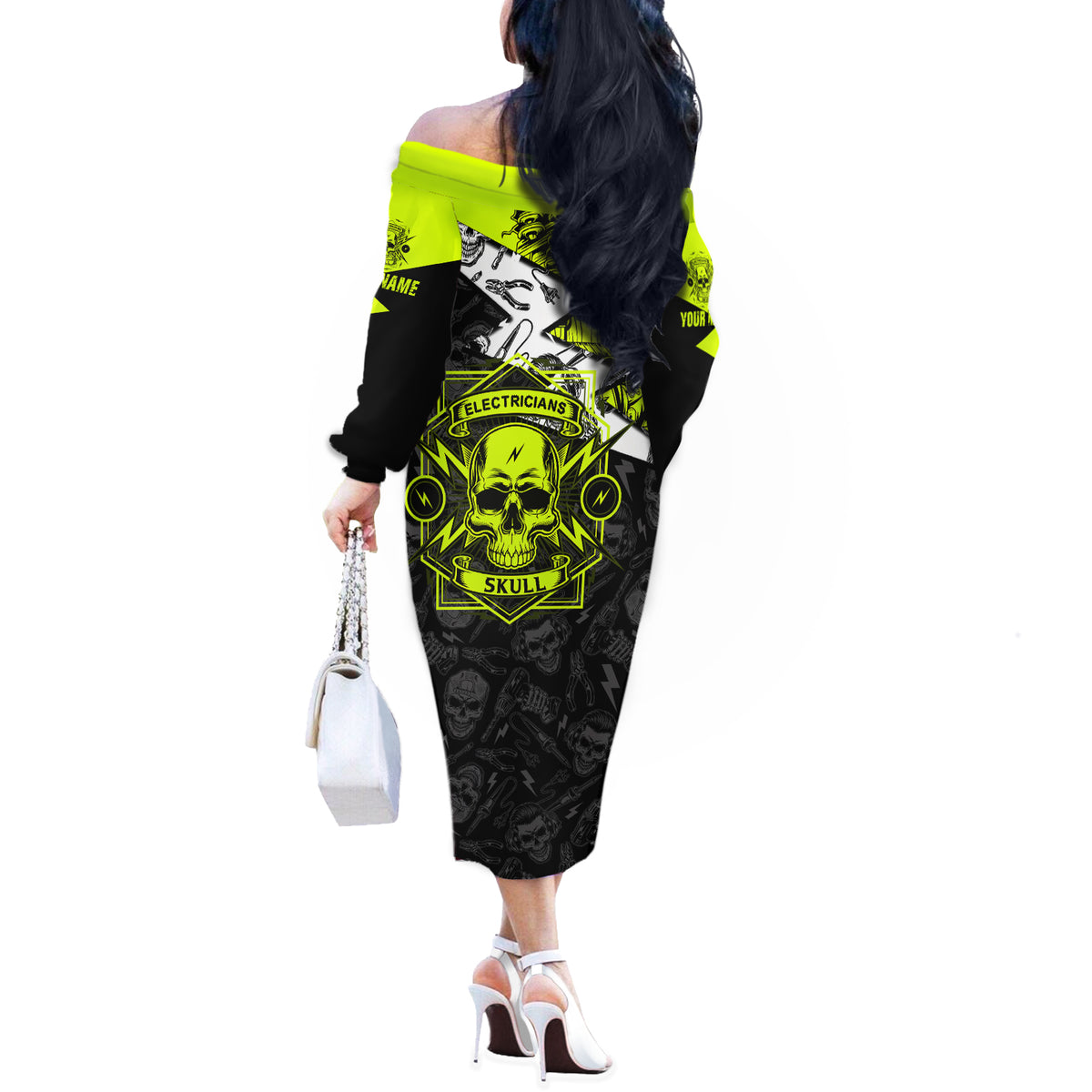 Personalised Electricians Skull Off The Shoulder Long Sleeve Dress - Wonder Print Shop