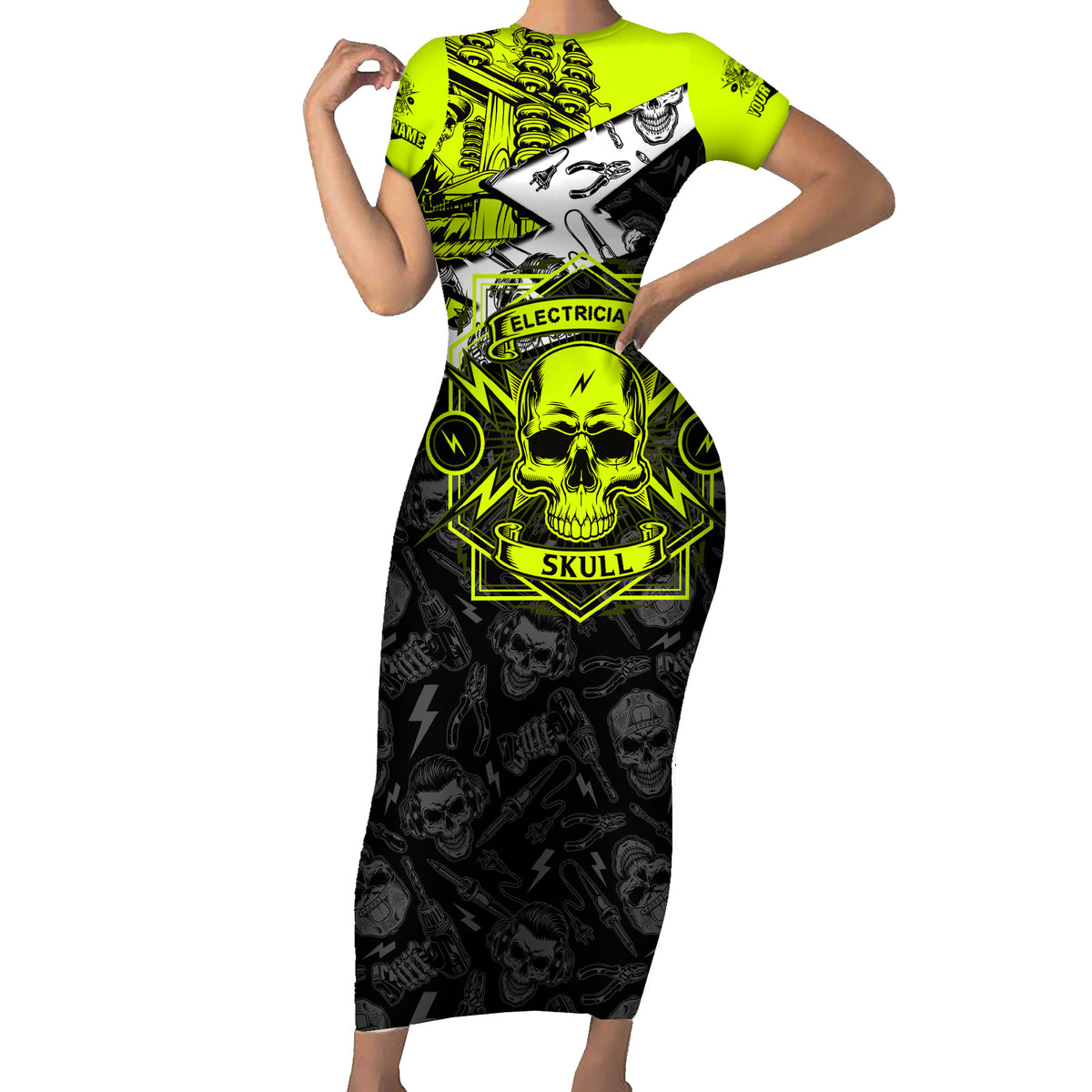 Personalised Electricians Skull Short Sleeve Bodycon Dress - Wonder Print Shop