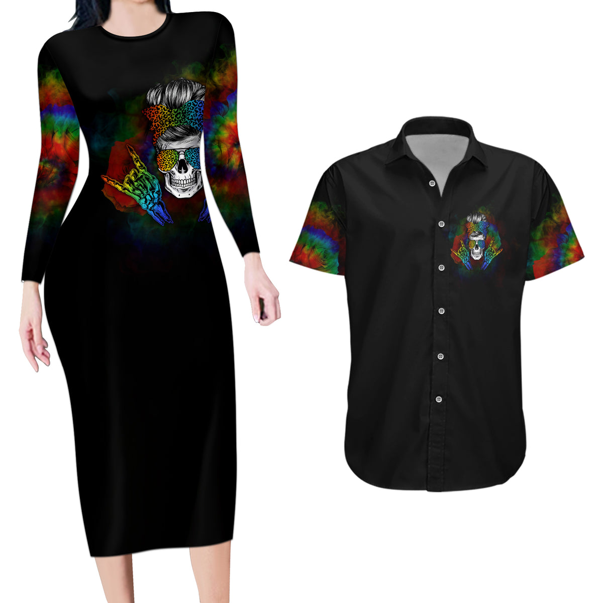 LGBT Rockin The Rainbow Life Skull Couples Matching Long Sleeve Bodycon Dress and Hawaiian Shirt - Wonder Print Shop