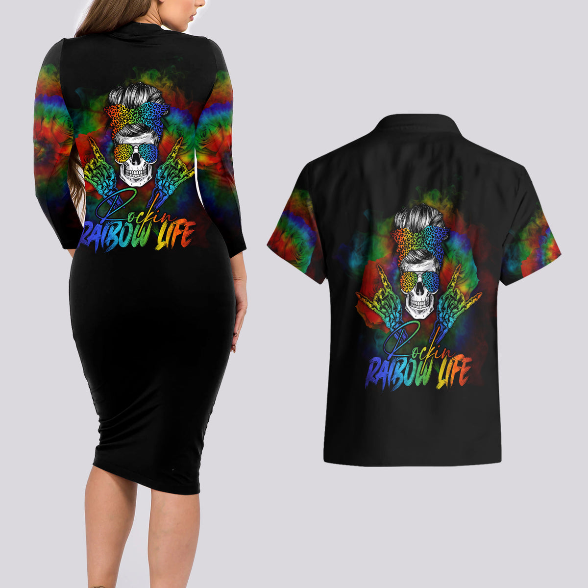 LGBT Rockin The Rainbow Life Skull Couples Matching Long Sleeve Bodycon Dress and Hawaiian Shirt - Wonder Print Shop