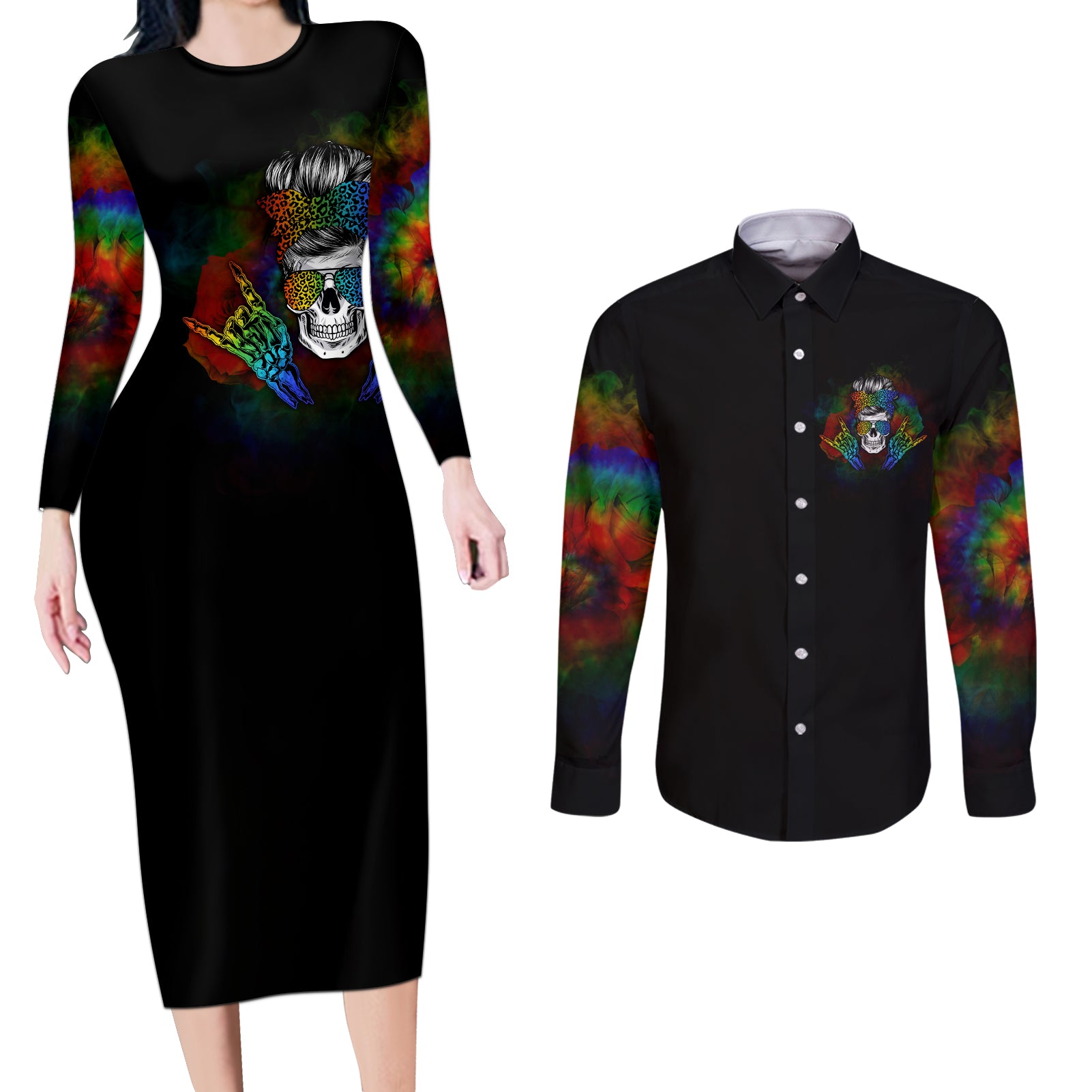 LGBT Rockin The Rainbow Life Skull Couples Matching Long Sleeve Bodycon Dress and Long Sleeve Button Shirts - Wonder Print Shop