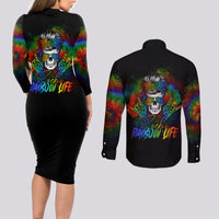 LGBT Rockin The Rainbow Life Skull Couples Matching Long Sleeve Bodycon Dress and Long Sleeve Button Shirts - Wonder Print Shop