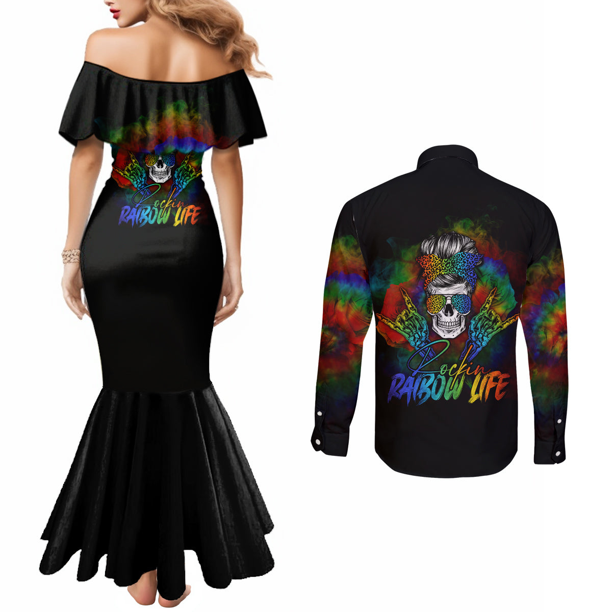 lgbt-rockin-the-rainbow-life-skull-couples-matching-mermaid-dress-and-long-sleeve-button-shirts