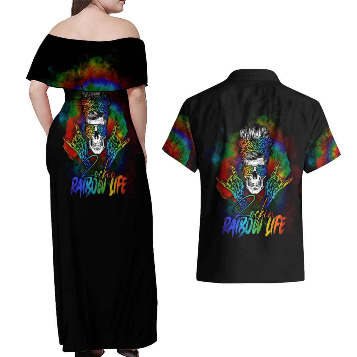 LGBT Rockin The Rainbow Life Skull Couples Matching Off Shoulder Maxi Dress and Hawaiian Shirt - Wonder Print Shop