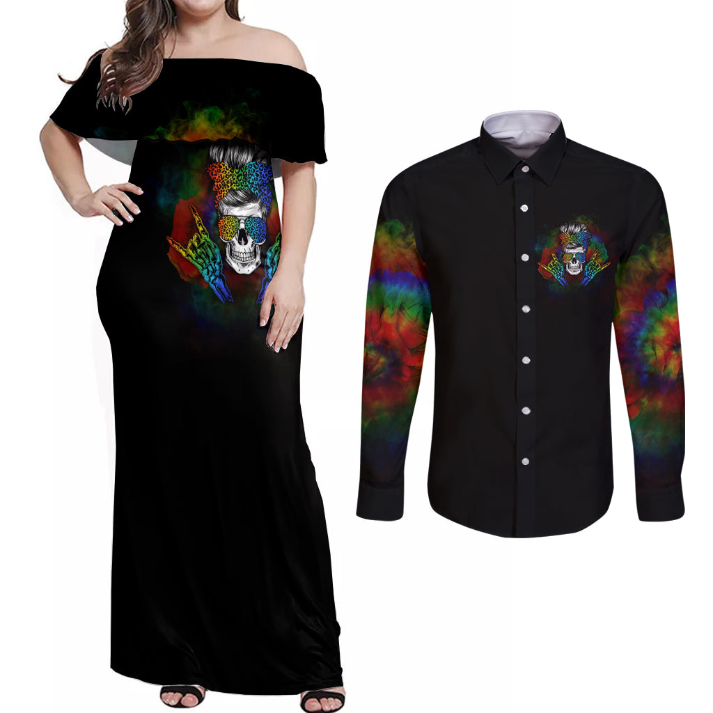 LGBT Rockin The Rainbow Life Skull Couples Matching Off Shoulder Maxi Dress and Long Sleeve Button Shirts - Wonder Print Shop
