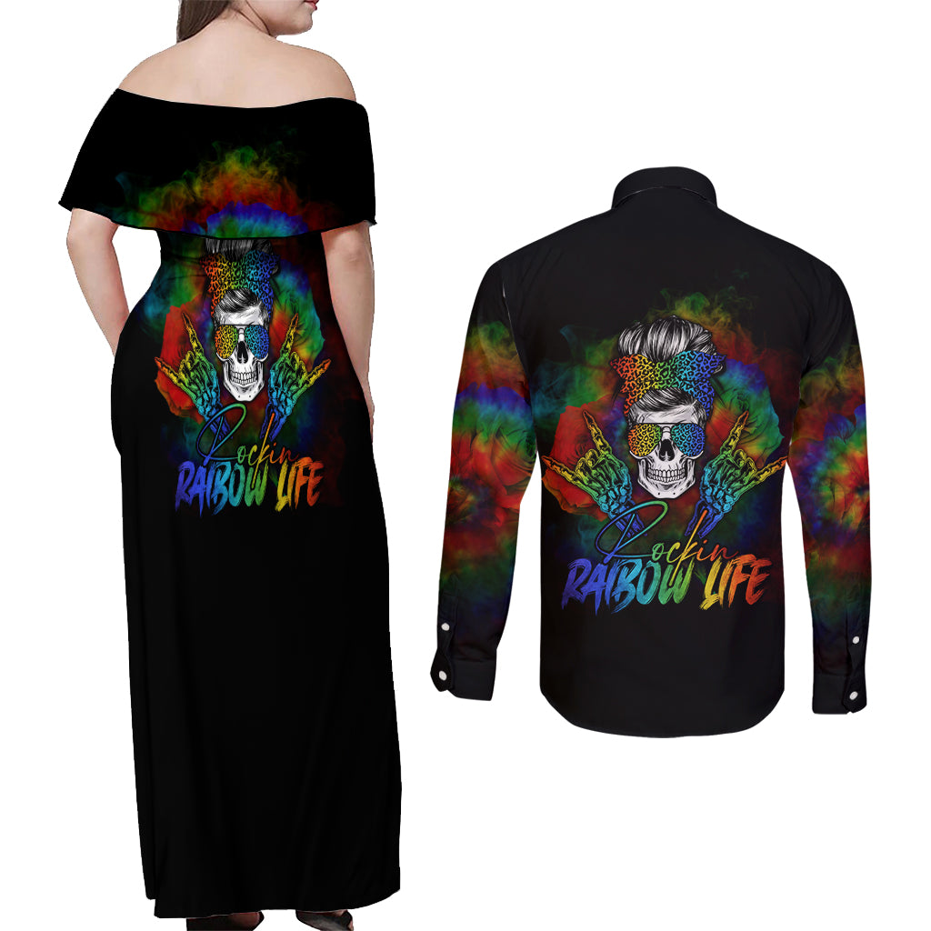 LGBT Rockin The Rainbow Life Skull Couples Matching Off Shoulder Maxi Dress and Long Sleeve Button Shirts - Wonder Print Shop