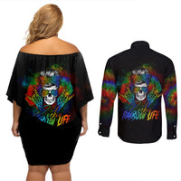 LGBT Rockin The Rainbow Life Skull Couples Matching Off Shoulder Short Dress and Long Sleeve Button Shirts - Wonder Print Shop