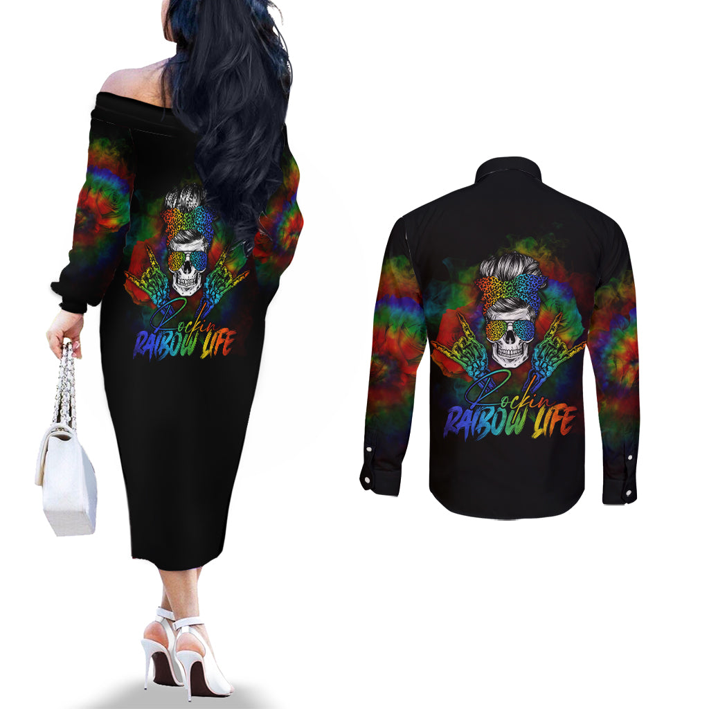 lgbt-rockin-the-rainbow-life-skull-couples-matching-off-the-shoulder-long-sleeve-dress-and-long-sleeve-button-shirts