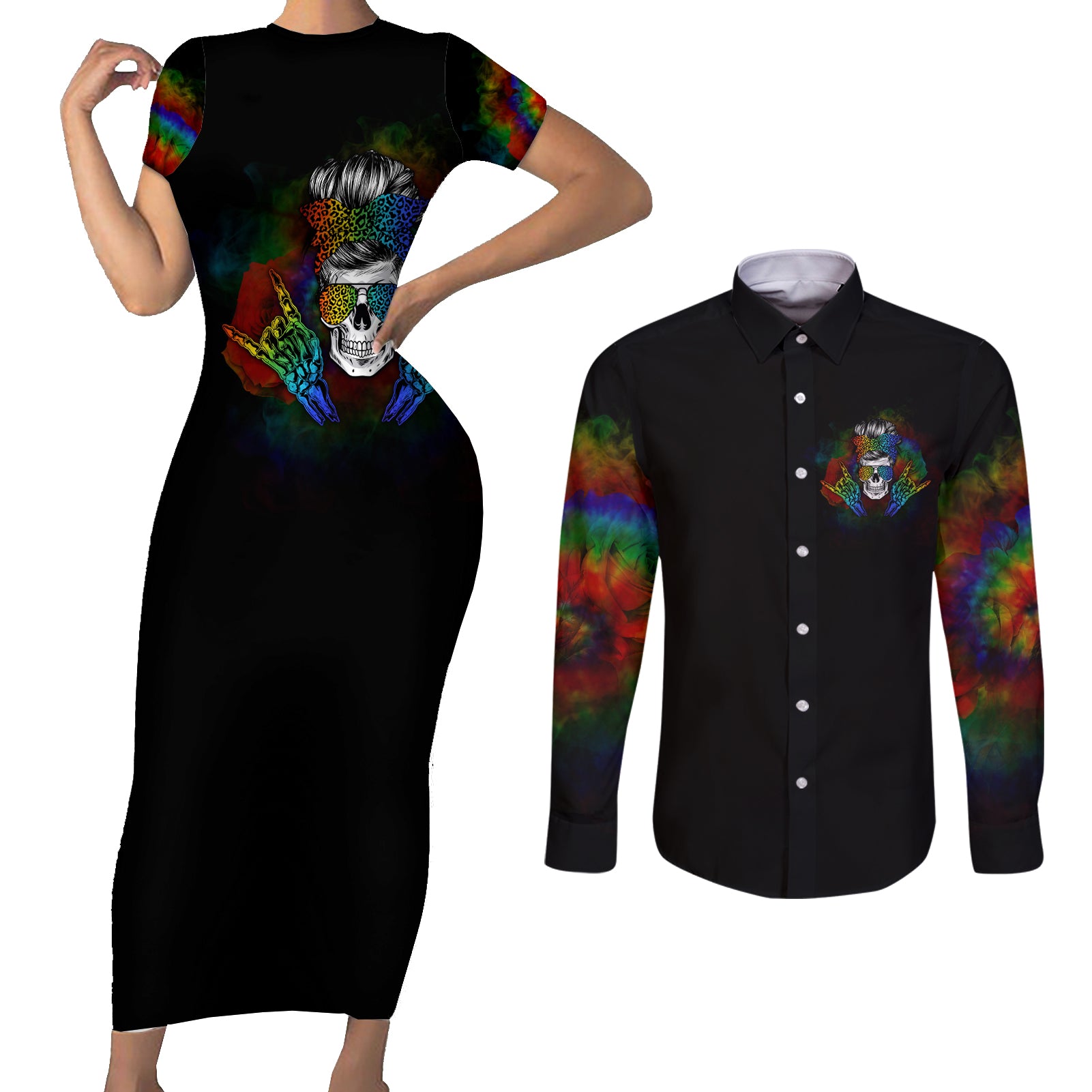 LGBT Rockin The Rainbow Life Skull Couples Matching Short Sleeve Bodycon Dress and Long Sleeve Button Shirts - Wonder Print Shop