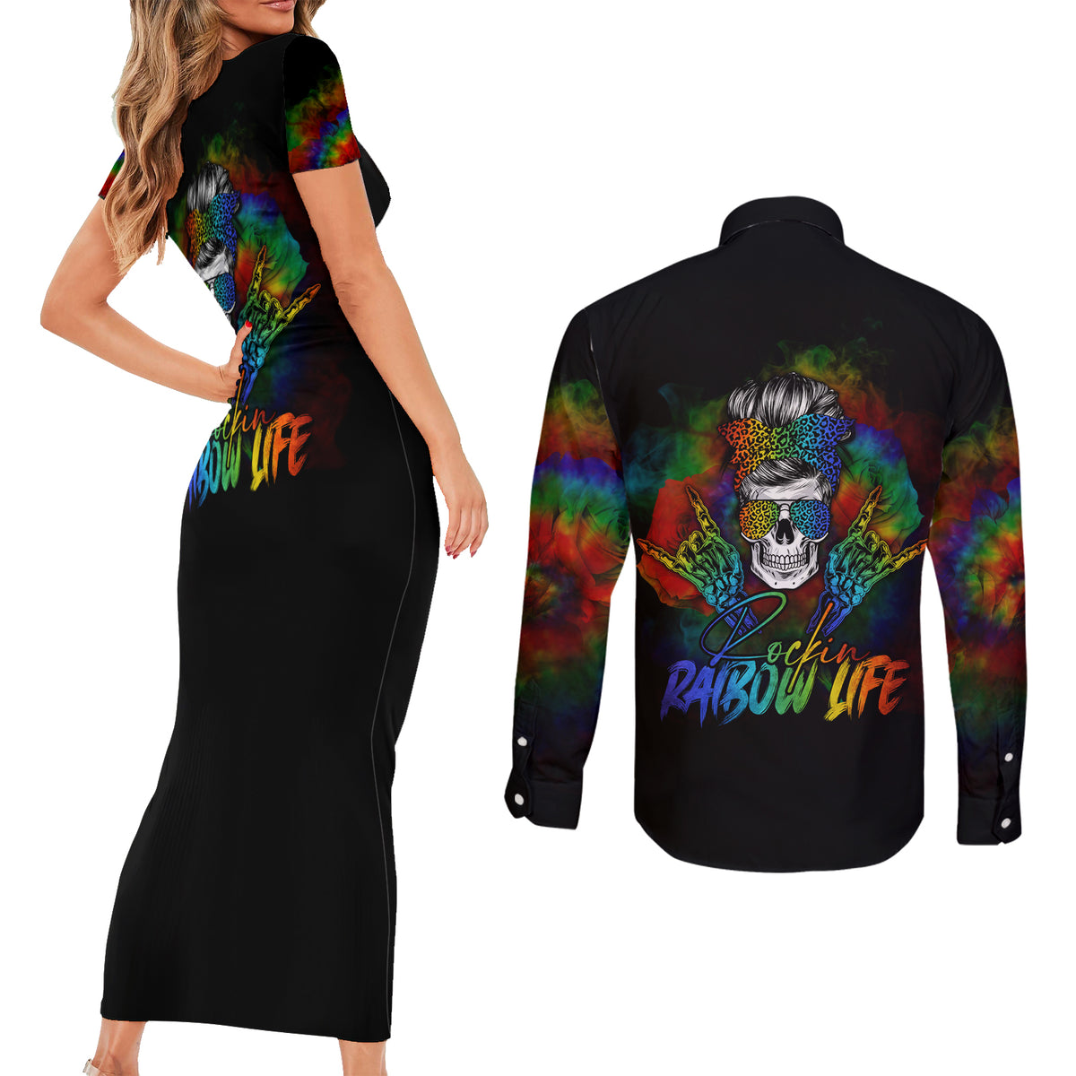 LGBT Rockin The Rainbow Life Skull Couples Matching Short Sleeve Bodycon Dress and Long Sleeve Button Shirts - Wonder Print Shop