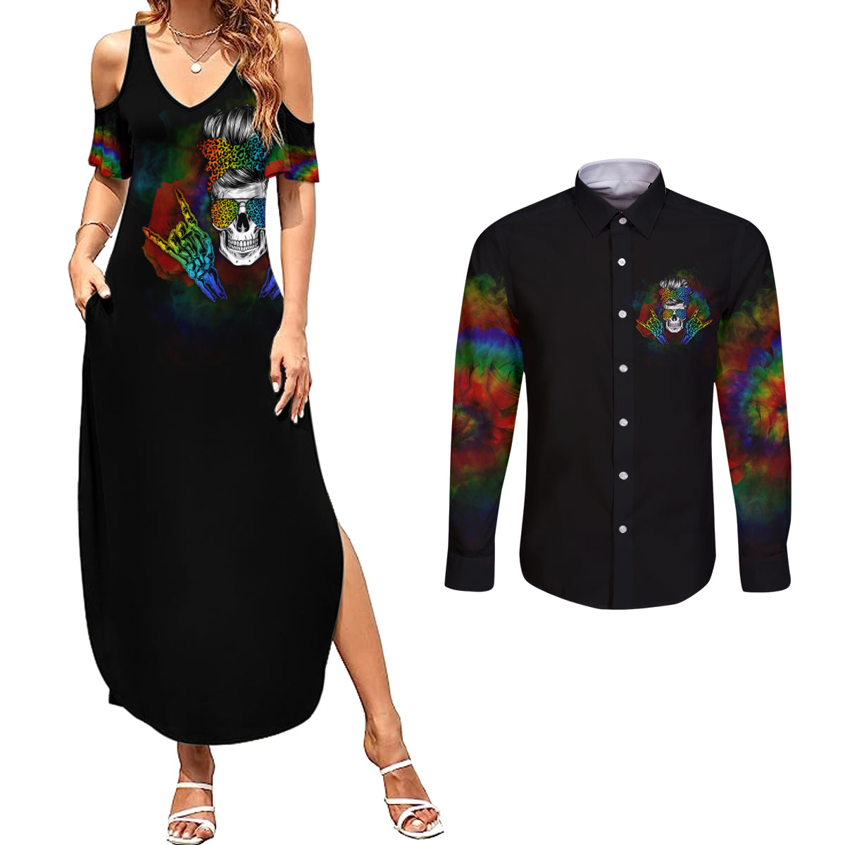 LGBT Rockin The Rainbow Life Skull Couples Matching Summer Maxi Dress and Long Sleeve Button Shirts - Wonder Print Shop