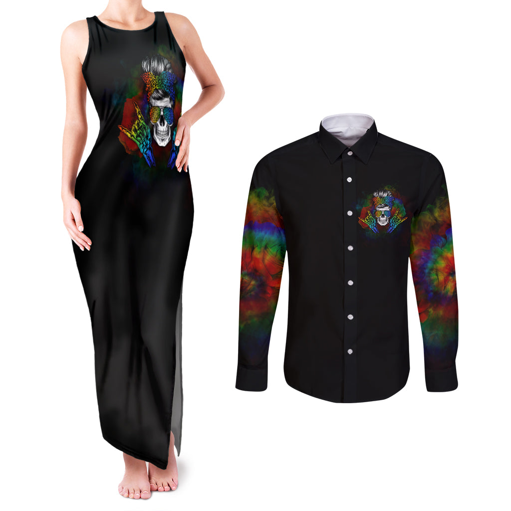 LGBT Rockin The Rainbow Life Skull Couples Matching Tank Maxi Dress and Long Sleeve Button Shirts - Wonder Print Shop