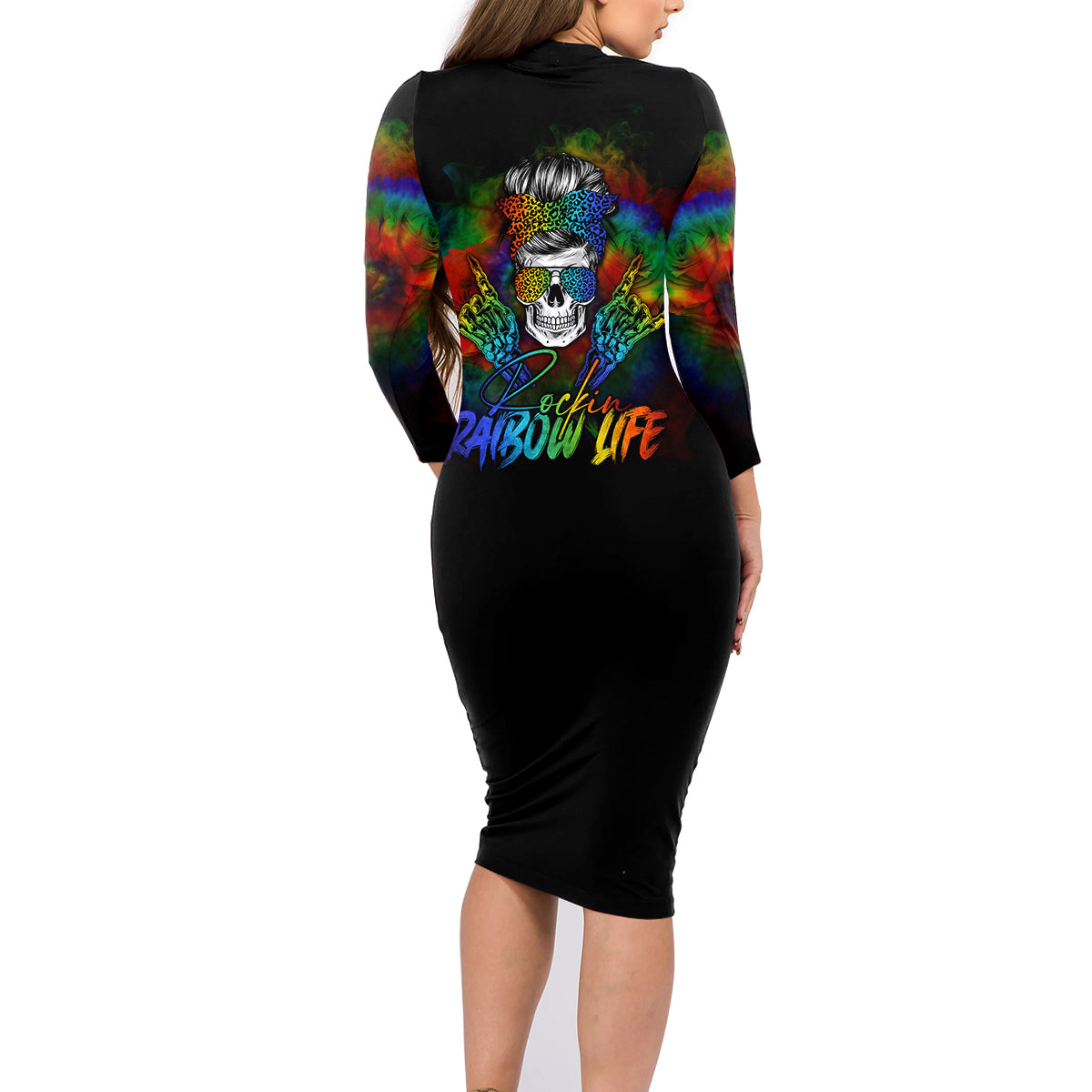 LGBT Rockin The Rainbow Life Skull Family Matching Long Sleeve Bodycon Dress and Hawaiian Shirt - Wonder Print Shop