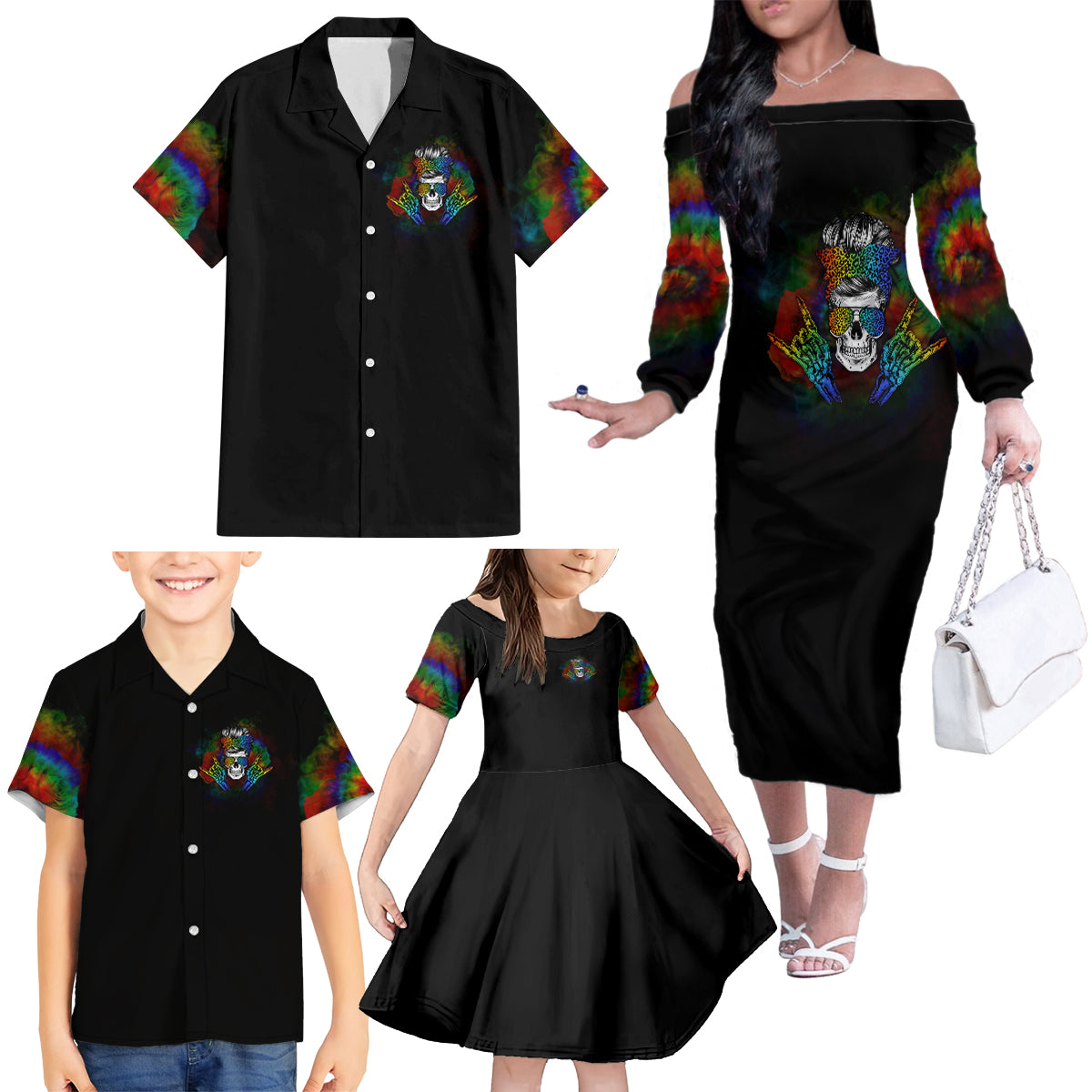 LGBT Rockin The Rainbow Life Skull Family Matching Off Shoulder Long Sleeve Dress and Hawaiian Shirt - Wonder Print Shop