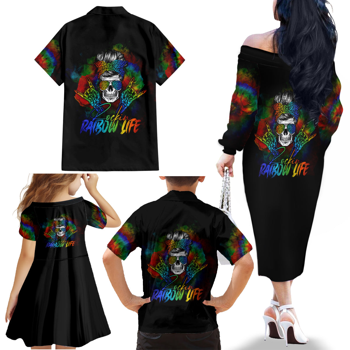 LGBT Rockin The Rainbow Life Skull Family Matching Off Shoulder Long Sleeve Dress and Hawaiian Shirt - Wonder Print Shop
