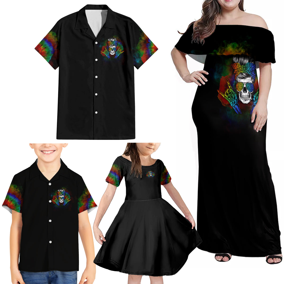 LGBT Rockin The Rainbow Life Skull Family Matching Off Shoulder Maxi Dress and Hawaiian Shirt - Wonder Print Shop