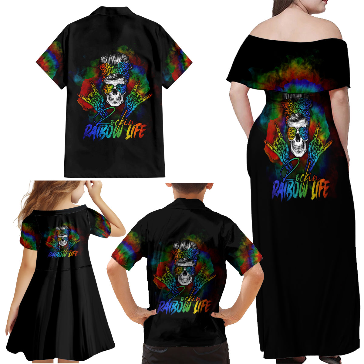 LGBT Rockin The Rainbow Life Skull Family Matching Off Shoulder Maxi Dress and Hawaiian Shirt - Wonder Print Shop