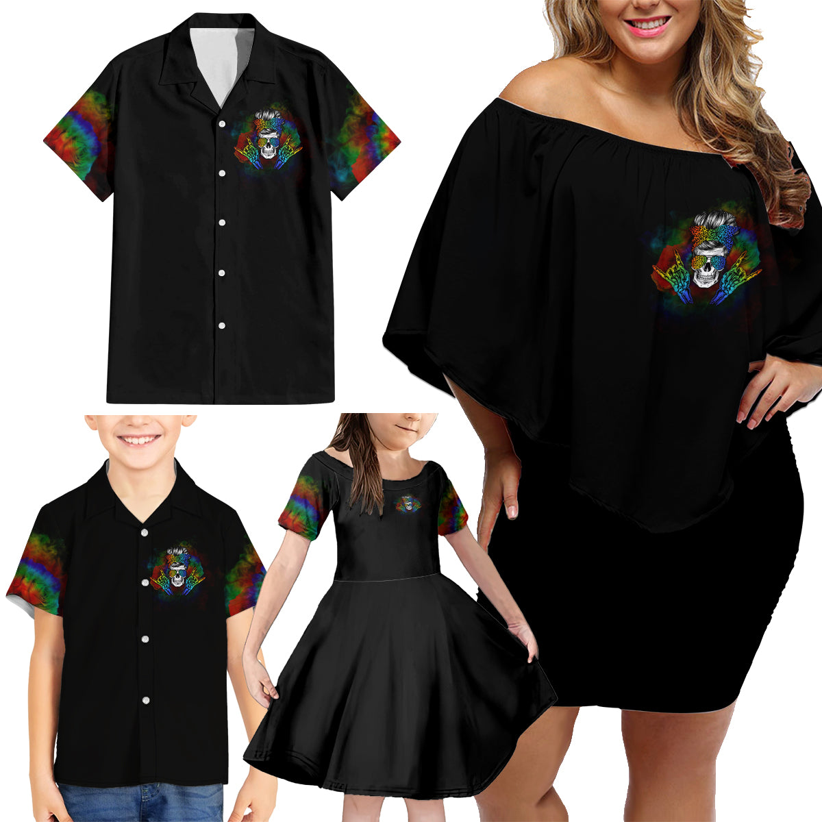LGBT Rockin The Rainbow Life Skull Family Matching Off Shoulder Short Dress and Hawaiian Shirt - Wonder Print Shop