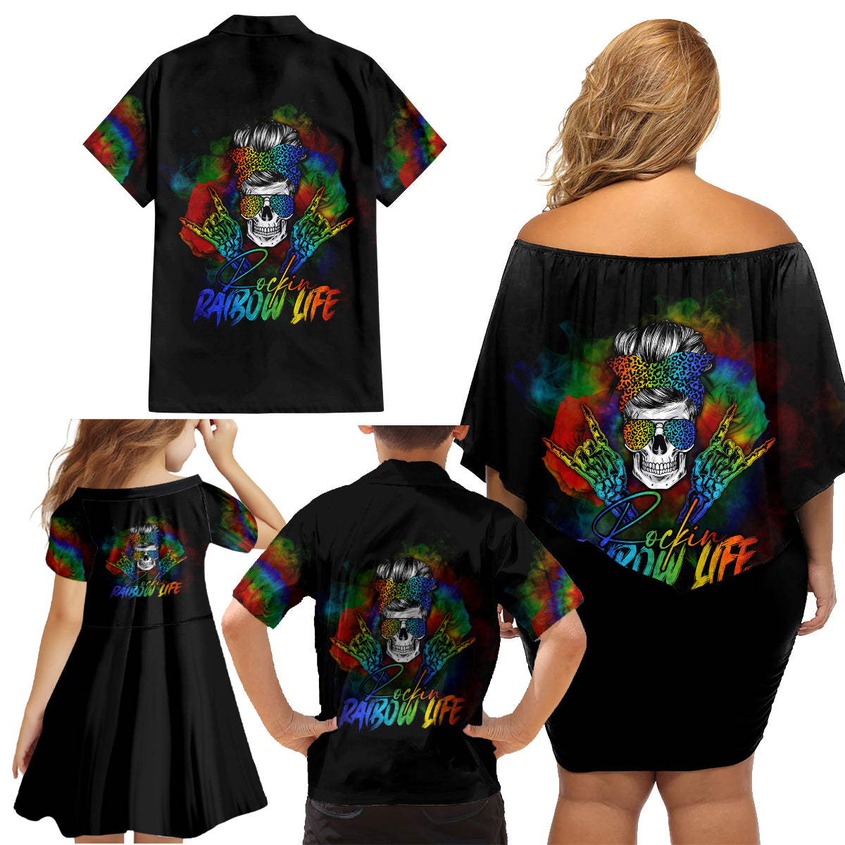 LGBT Rockin The Rainbow Life Skull Family Matching Off Shoulder Short Dress and Hawaiian Shirt - Wonder Print Shop