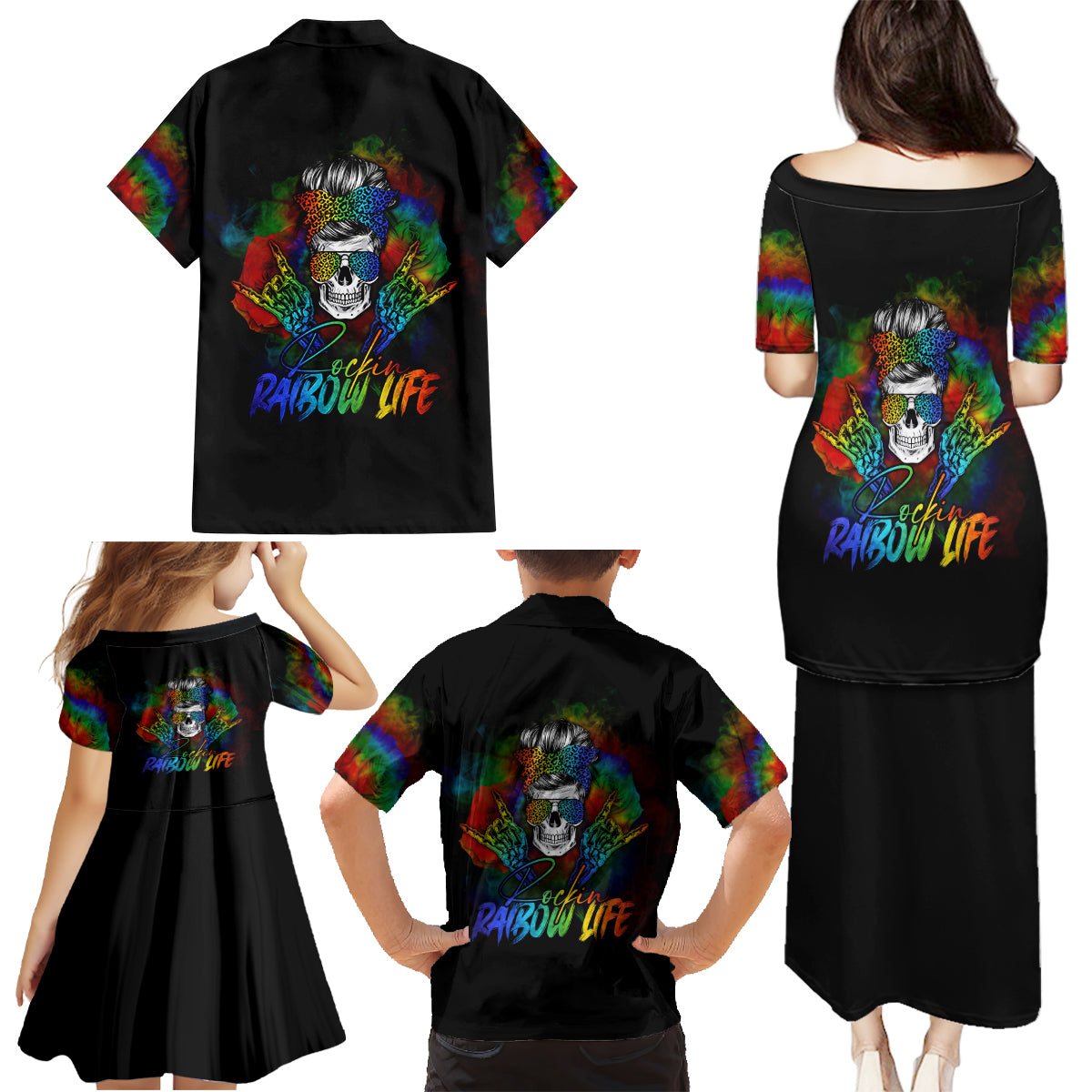 LGBT Rockin The Rainbow Life Skull Family Matching Puletasi Dress and Hawaiian Shirt - Wonder Print Shop