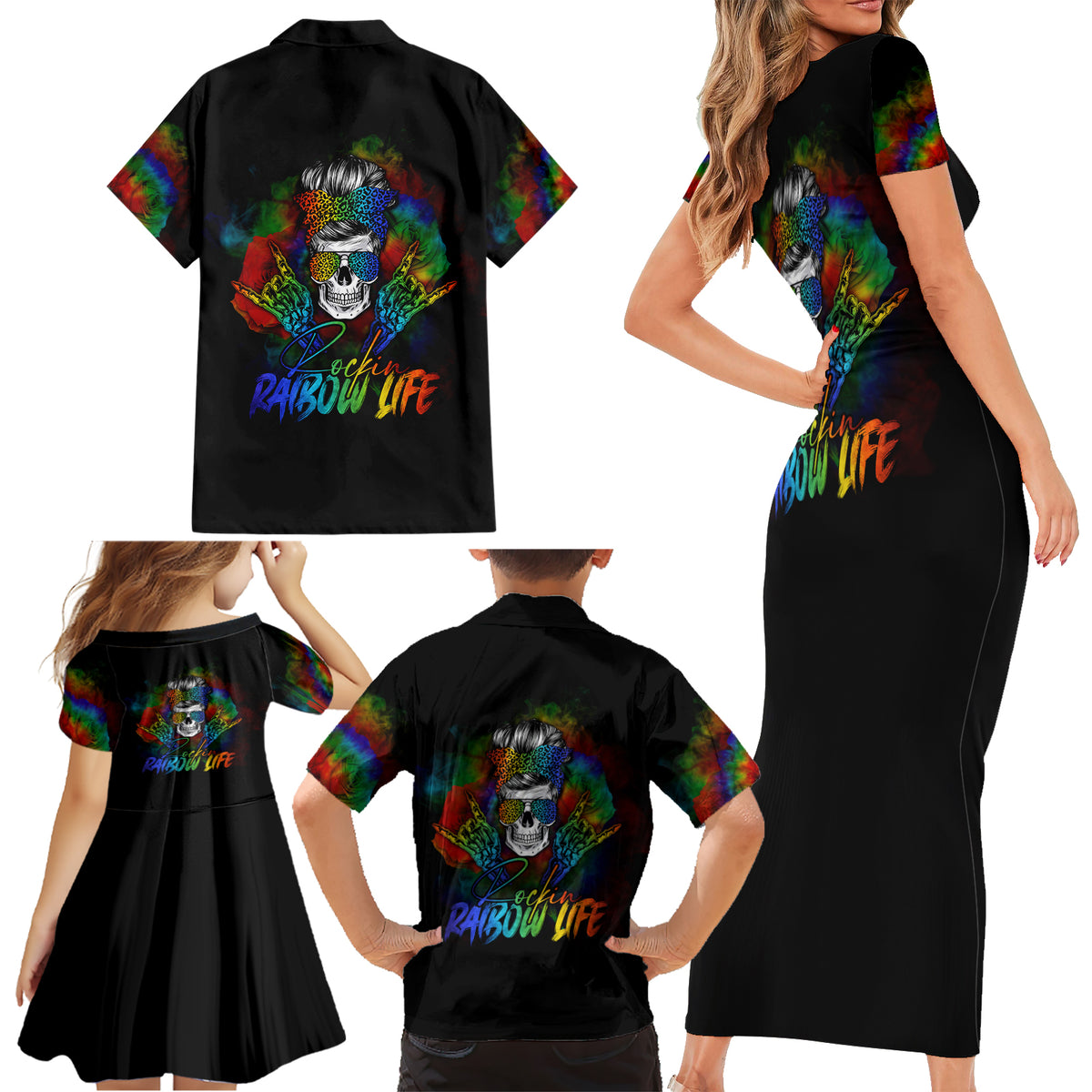LGBT Rockin The Rainbow Life Skull Family Matching Short Sleeve Bodycon Dress and Hawaiian Shirt - Wonder Print Shop