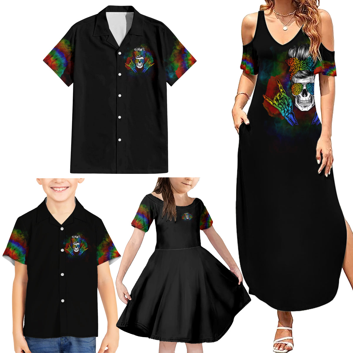 LGBT Rockin The Rainbow Life Skull Family Matching Summer Maxi Dress and Hawaiian Shirt - Wonder Print Shop