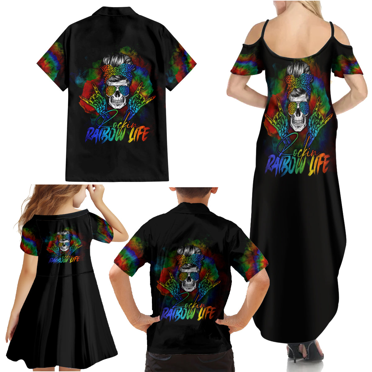 LGBT Rockin The Rainbow Life Skull Family Matching Summer Maxi Dress and Hawaiian Shirt - Wonder Print Shop