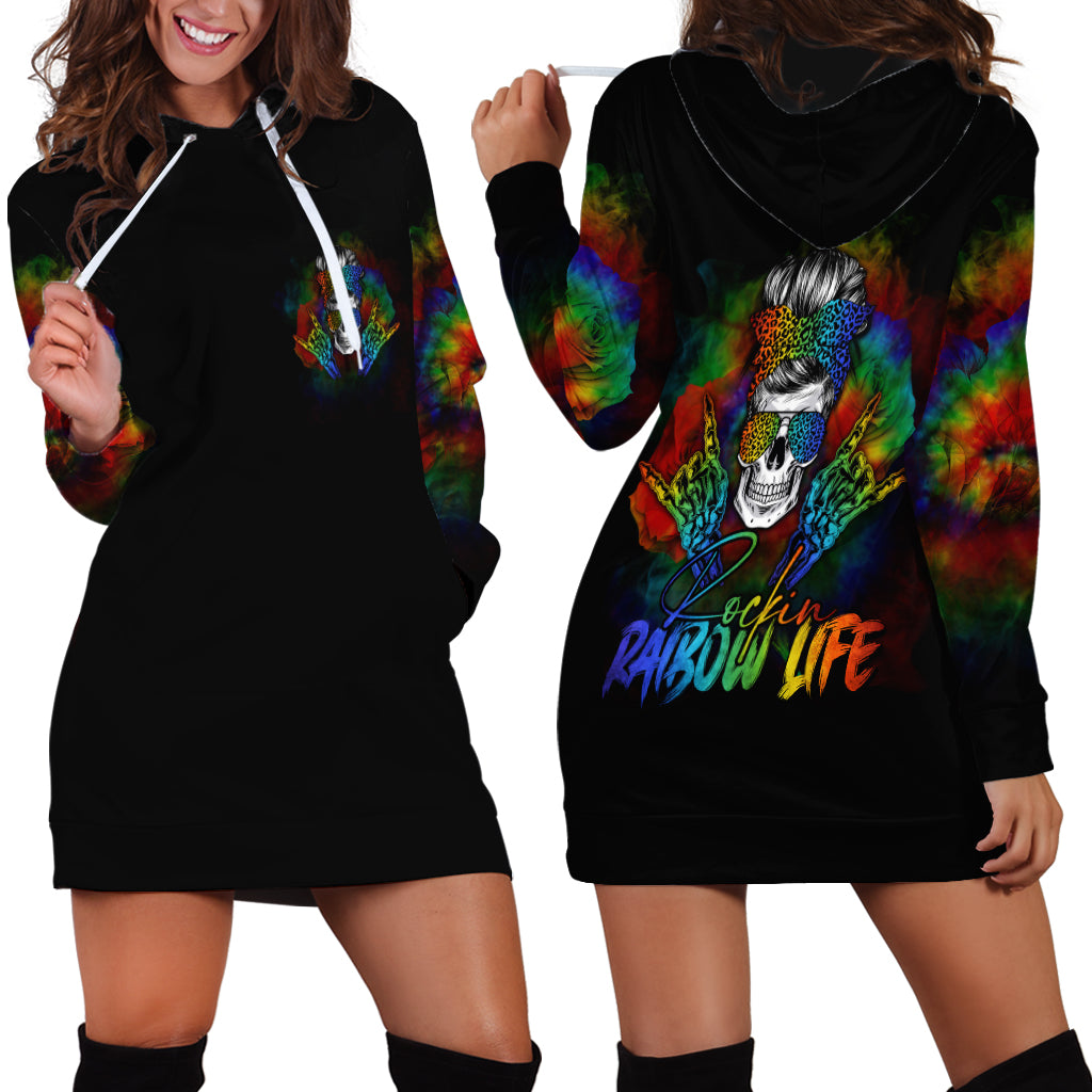 LGBT Rockin The Rainbow Life Skull Hoodie Dress - Wonder Print Shop
