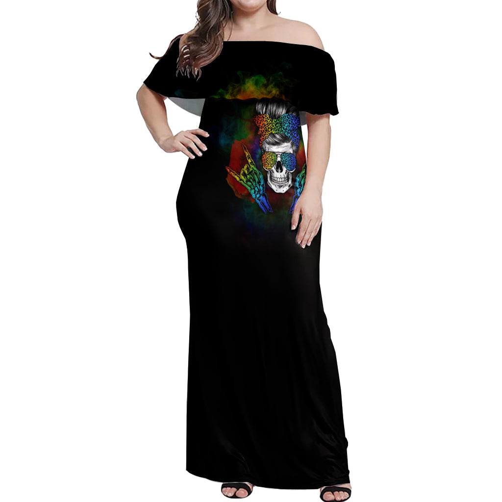 LGBT Rockin The Rainbow Life Skull Off Shoulder Maxi Dress - Wonder Print Shop
