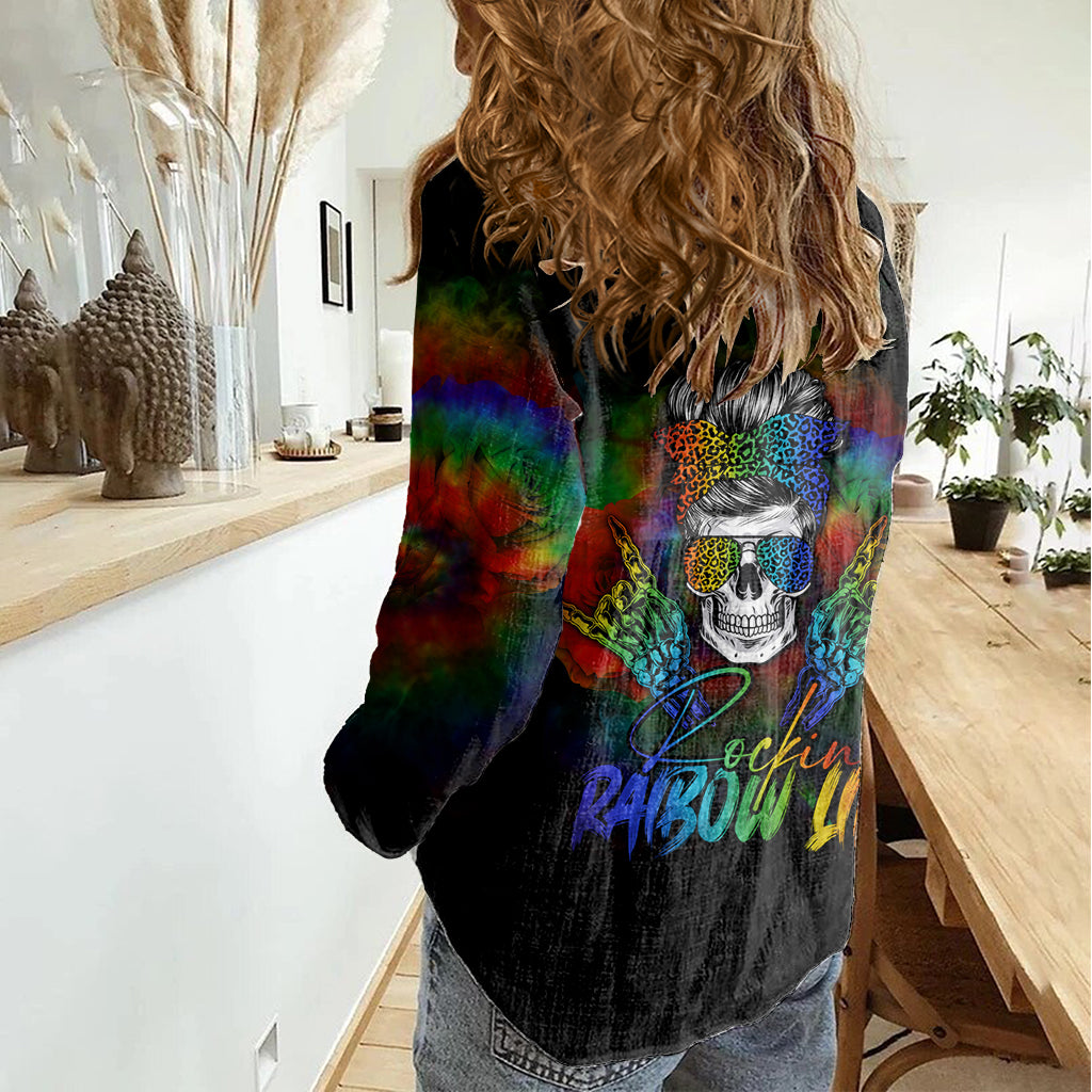 LGBT Rockin The Rainbow Life Skull Women Casual Shirt - Wonder Print Shop
