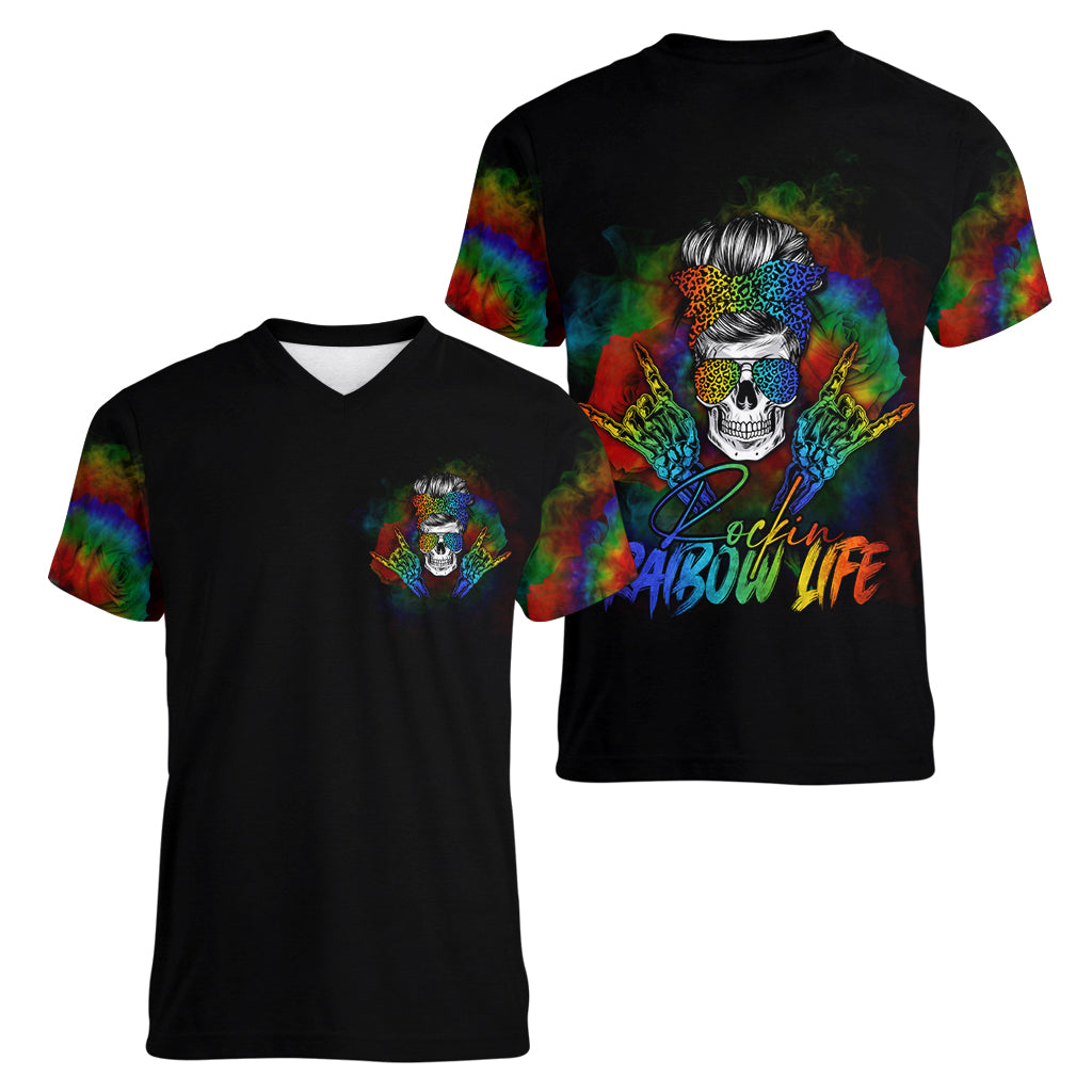 LGBT Rockin The Rainbow Life Skull Women V Neck T Shirt - Wonder Print Shop