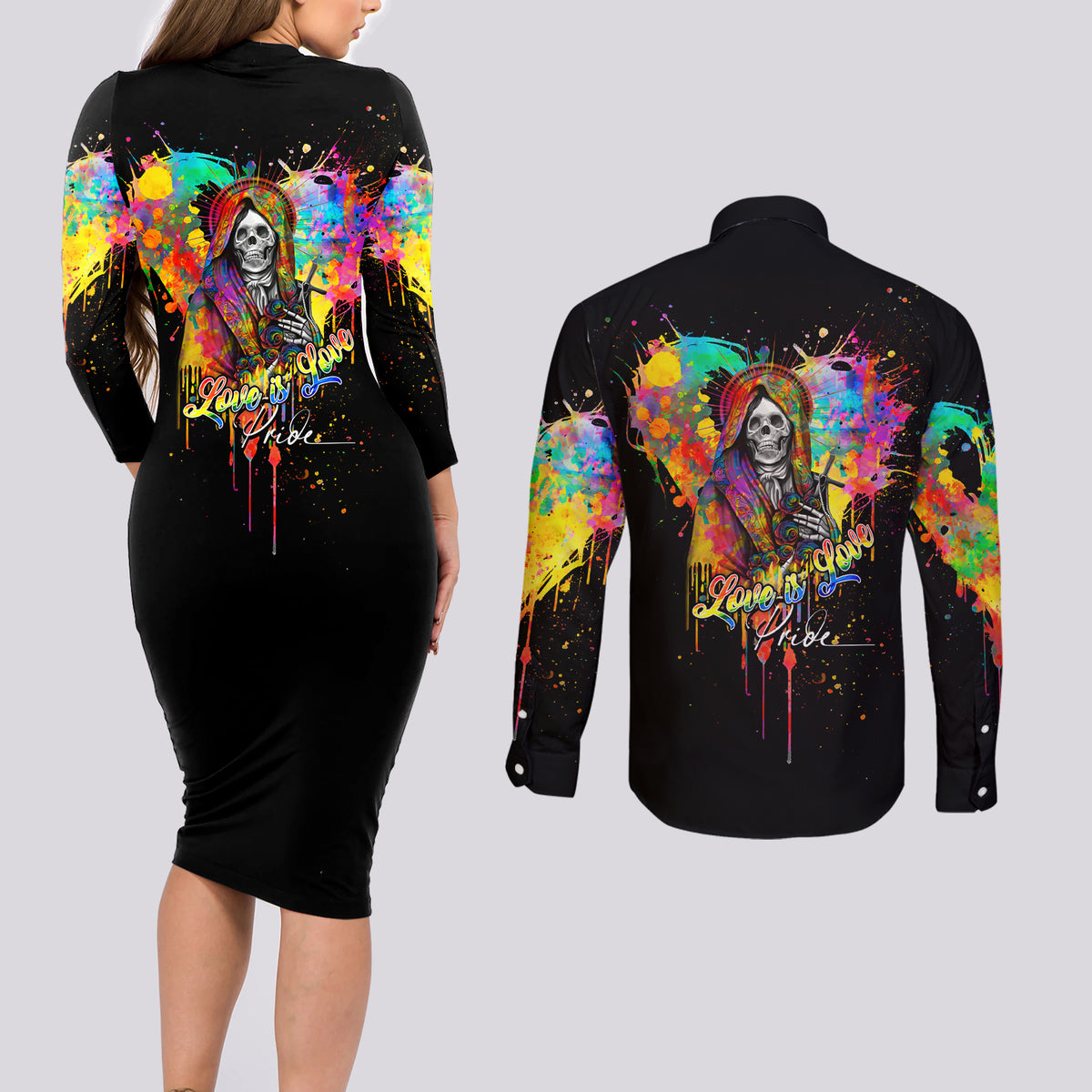 LGBT Couples Matching Long Sleeve Bodycon Dress and Long Sleeve Button Shirts Love Is Love Pride - Wonder Print Shop