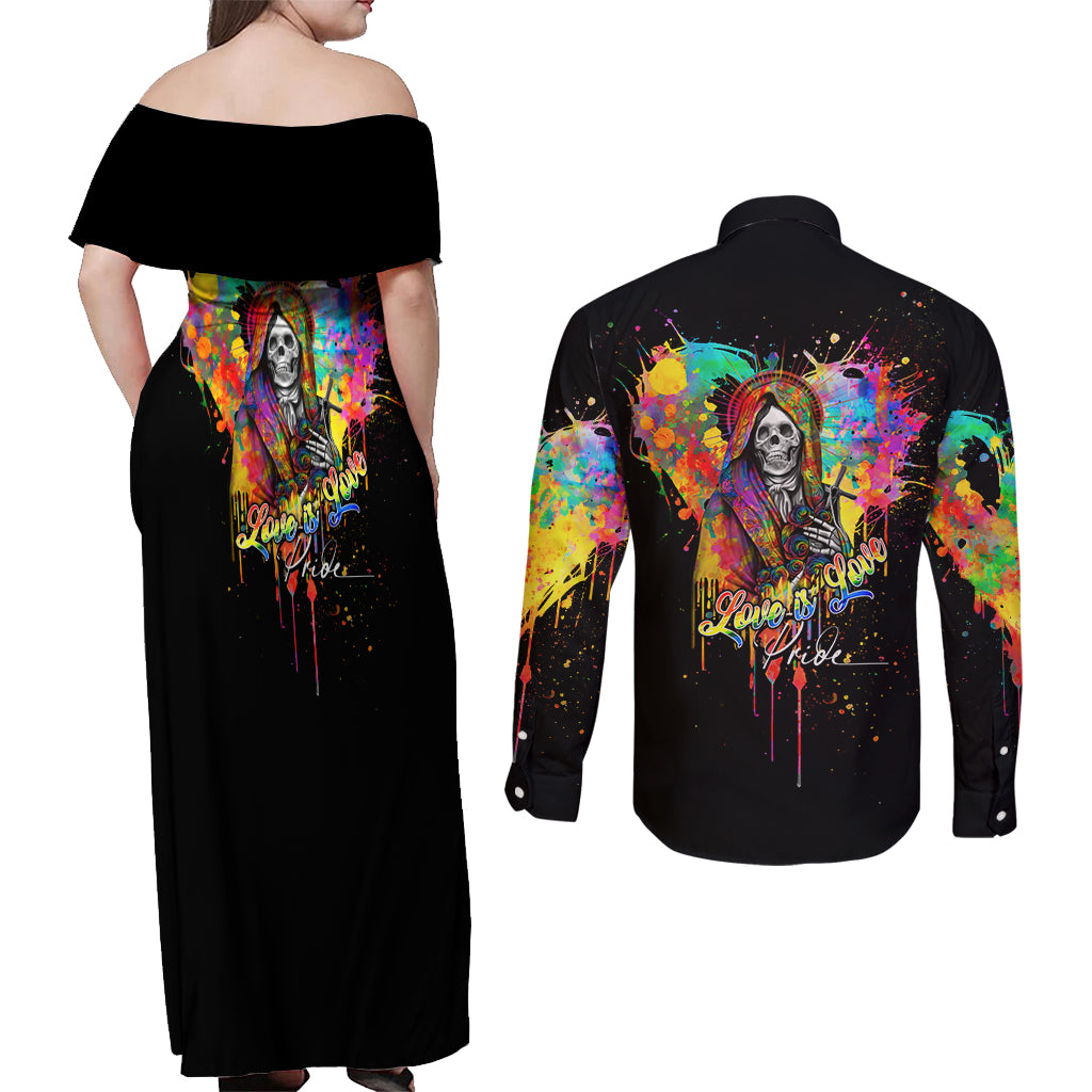 LGBT Couples Matching Off Shoulder Maxi Dress and Long Sleeve Button Shirts Love Is Love Pride - Wonder Print Shop