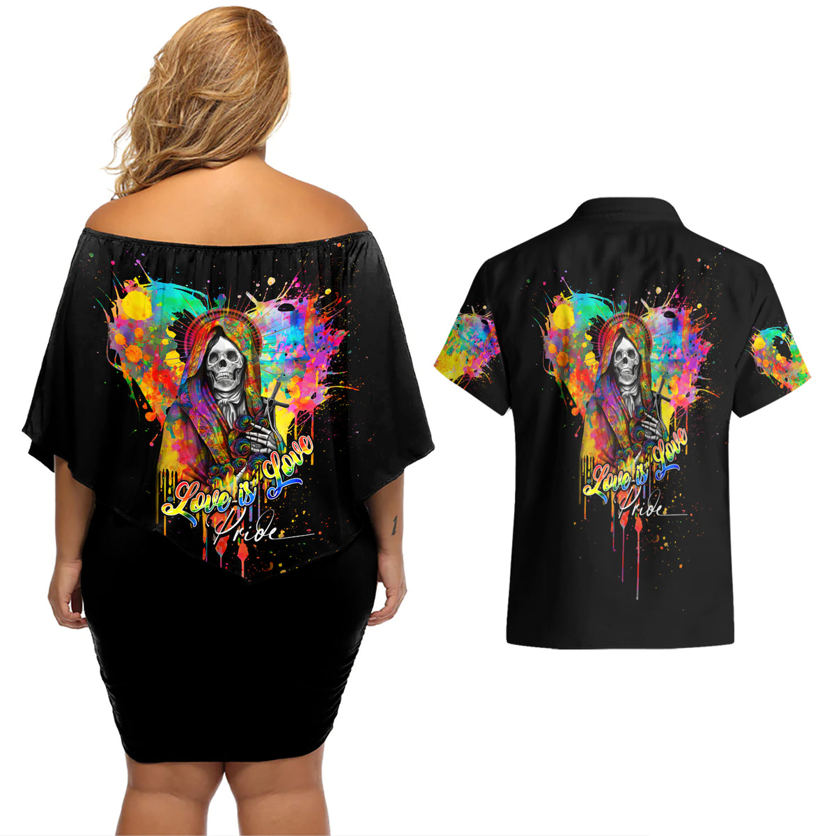LGBT Couples Matching Off Shoulder Short Dress and Hawaiian Shirt Love Is Love Pride - Wonder Print Shop