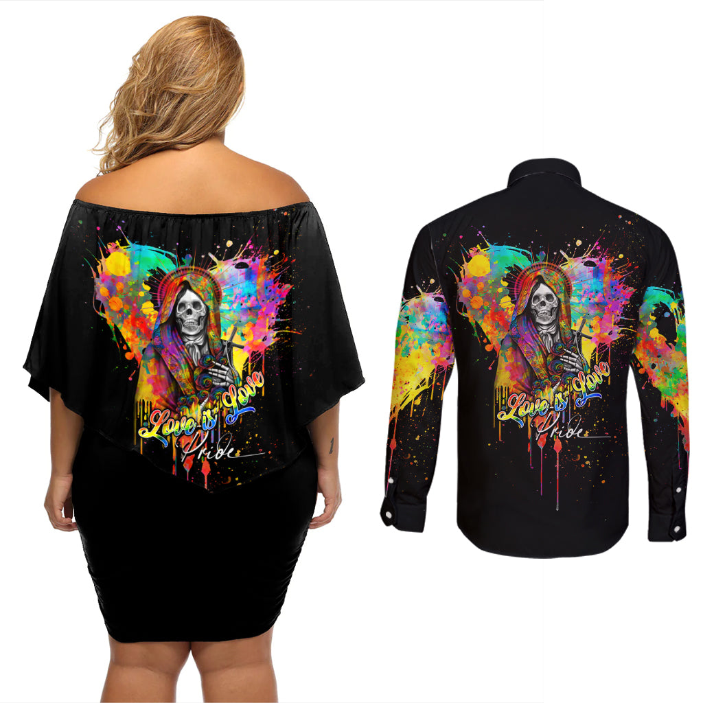 LGBT Couples Matching Off Shoulder Short Dress and Long Sleeve Button Shirts Love Is Love Pride - Wonder Print Shop