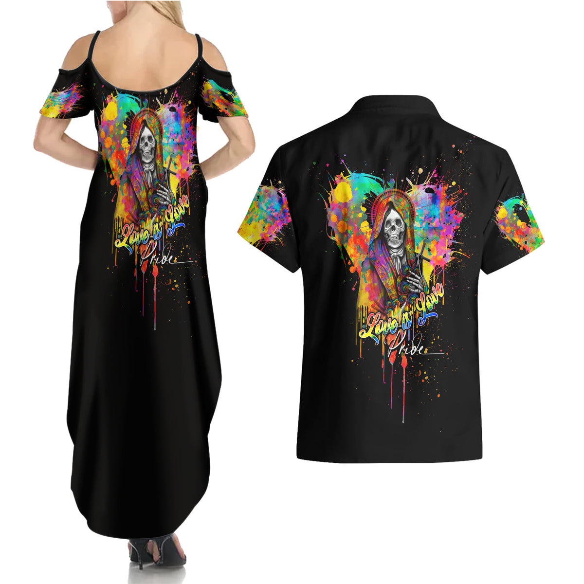 LGBT Couples Matching Summer Maxi Dress and Hawaiian Shirt Love Is Love Pride - Wonder Print Shop